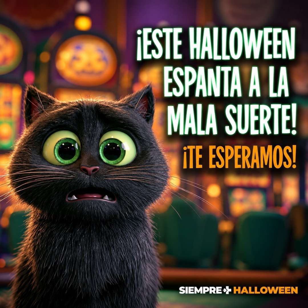 Gato negro asustado en Casino Life con el texto ¡Este Halloween espanta a la mala suerte!